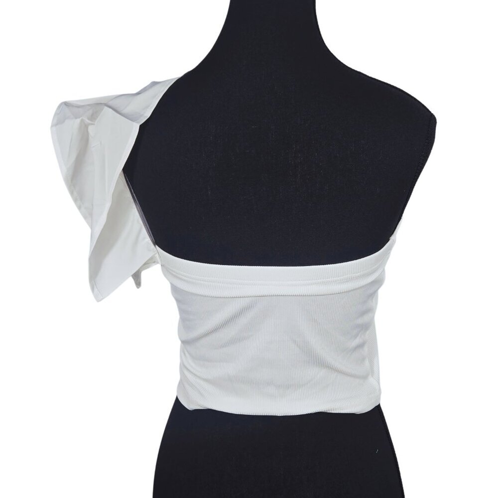 NWT | One-Shoulder Ruffle Top | Asymmetric Ribbed Sculpting | White | Large - Picture 4 of 7